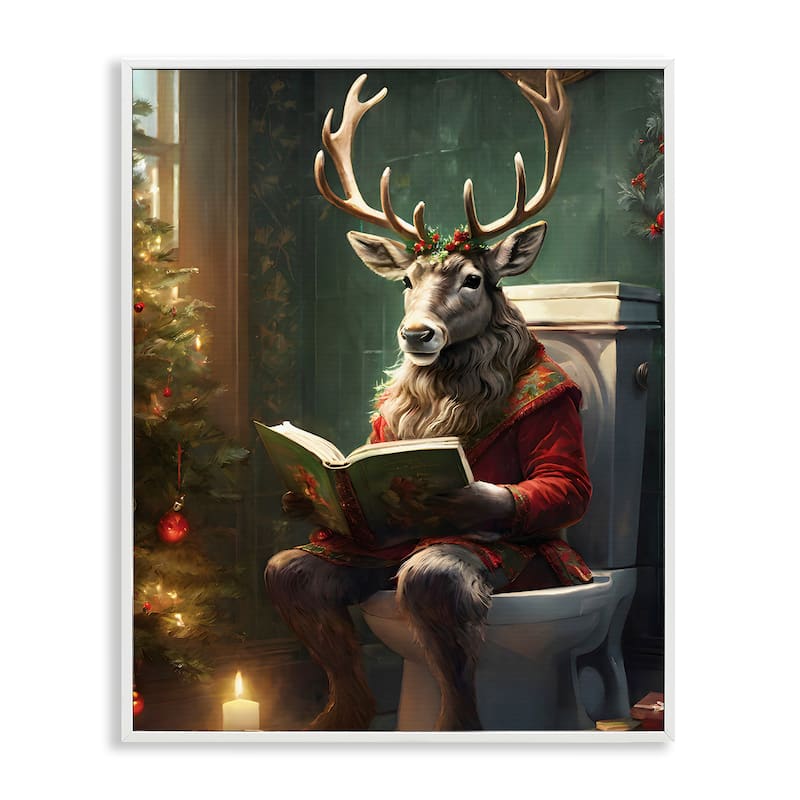 Stupell Reindeer in Festive Bathroom Framed Giclee Art Design By Jo Moulton - 24 x 30 - White