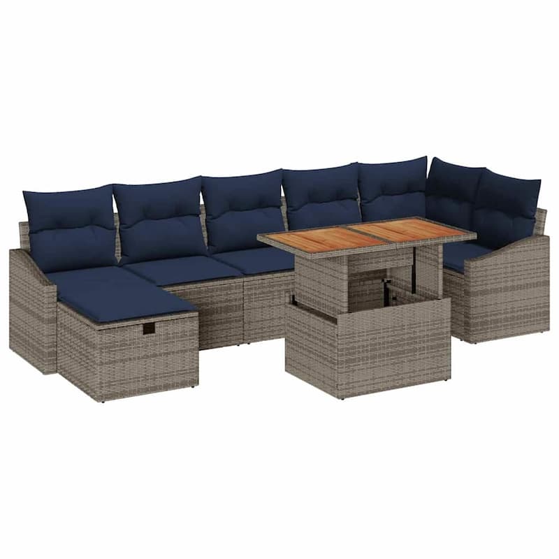 vidaXL 8 Garden Sofa Set with Cushions Black/Grey Poly Rattan - 113.6 x 48.6 x 27.2