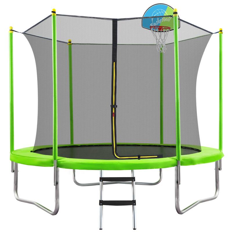 ASTM Approved Kids Trampoline - Basketball Hoop, Safety Enclosure, Fast Assembly - Green - 120
