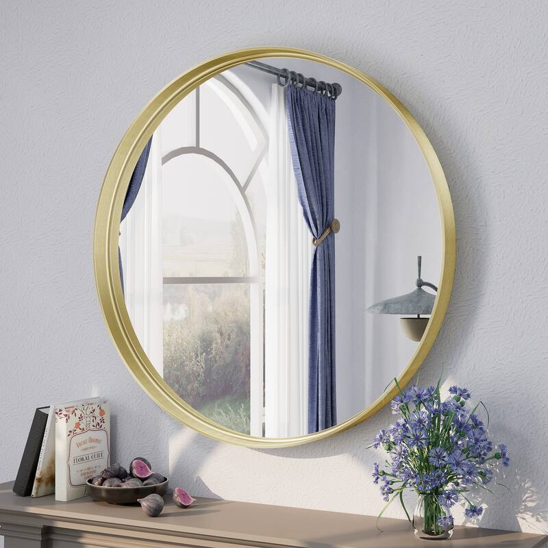 Round Tempered Glass and Metal Framed French Cleat Mounted Wall Bathroom / Vanity Mirror - 30" x 30" - Gold