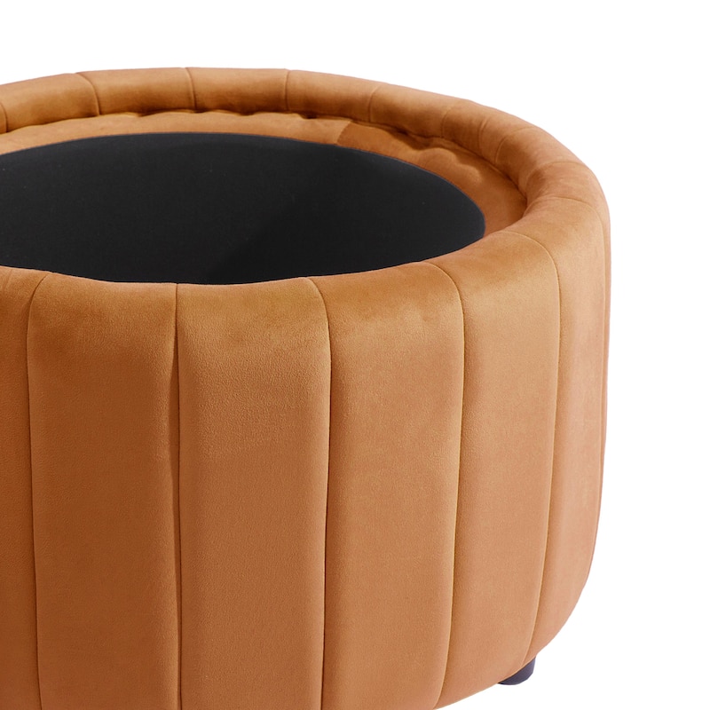 30" W Round Velvet Upholstered Storage Ottoman with Flip Top Tray