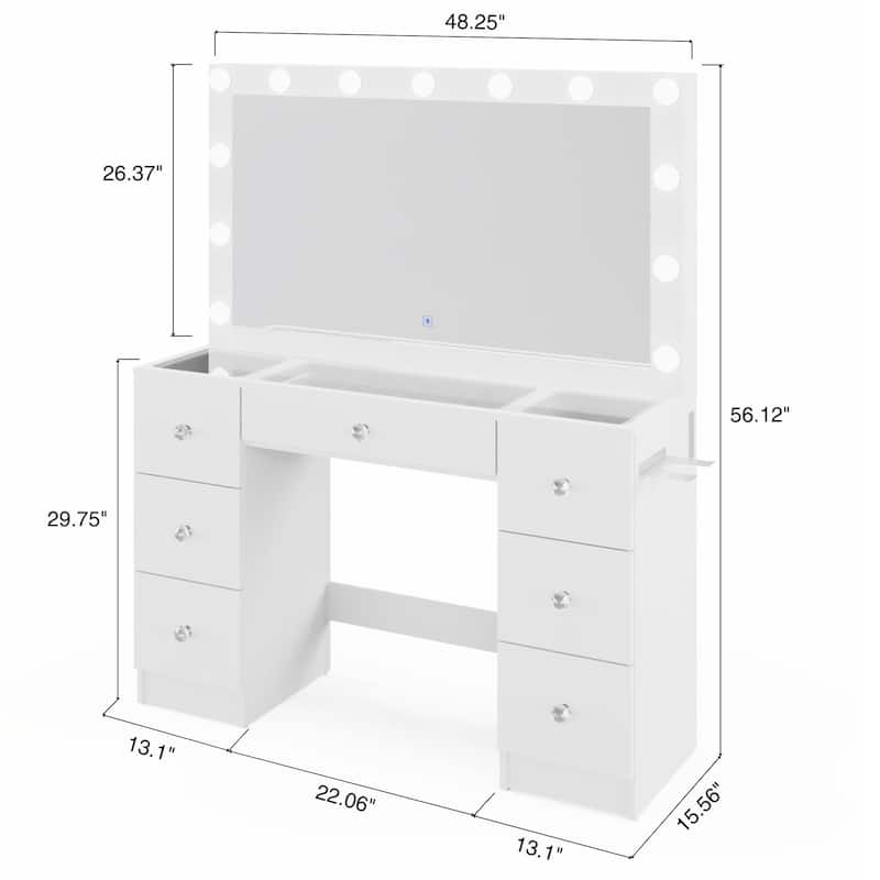 Modern White Makeup Vanity Desk with 13 Dimmable Lights, Glass Top, USB-A & USB-C, 7 Drawers, Hair Dryer Holder, and Stool