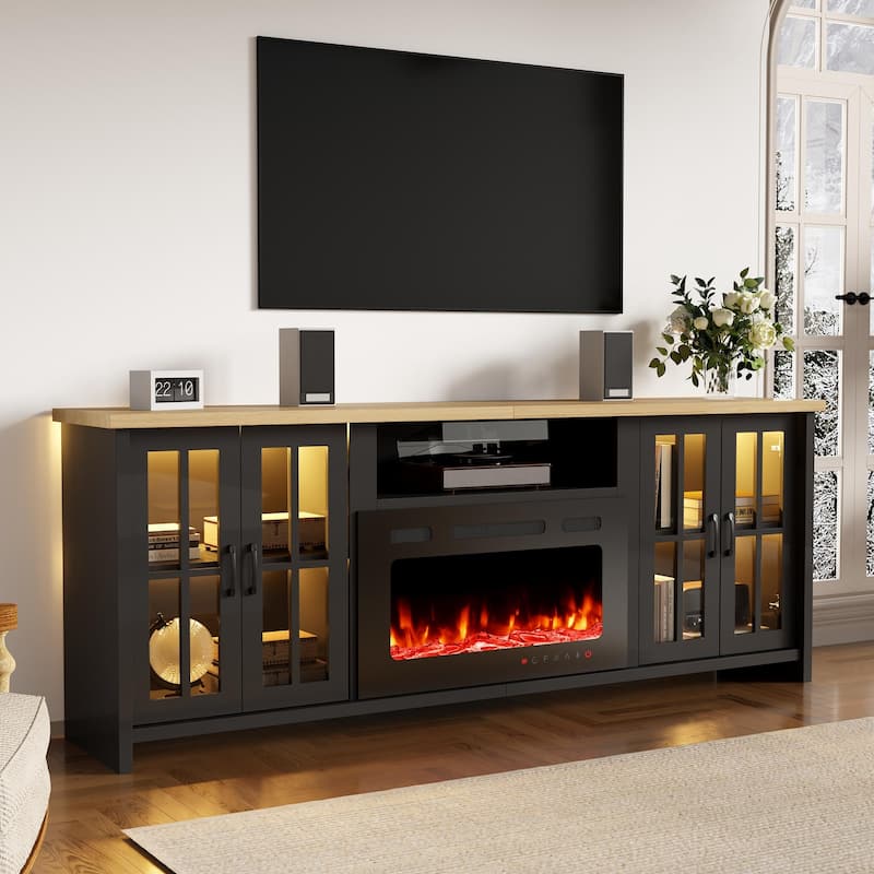 EROMMY 78"/ 97" Fireplace TV Stand with Electric Fireplace, Farmhouse Media Console with LED Lights, Glass Doors