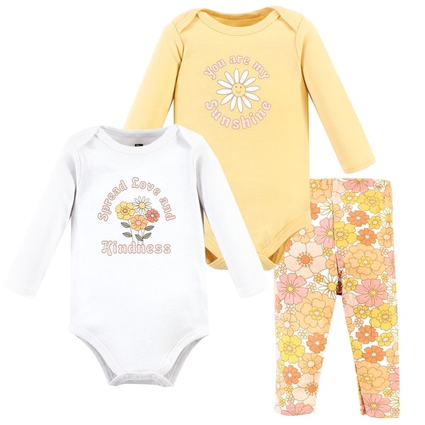 slide 1 of 1, Hudson Baby Infant Girl Cotton Bodysuit and Pant Set, Peace Love Flowers Long Sleeve Newborn - Peace Love Flowers Long Sleeve