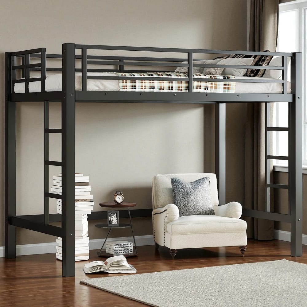 Twin/Twin XL/Full/Queen Size Metal Loft Bed with Guardrails and Dual Ladders, Space-Saving Loft Bed Frame for Bedroom or Dorm