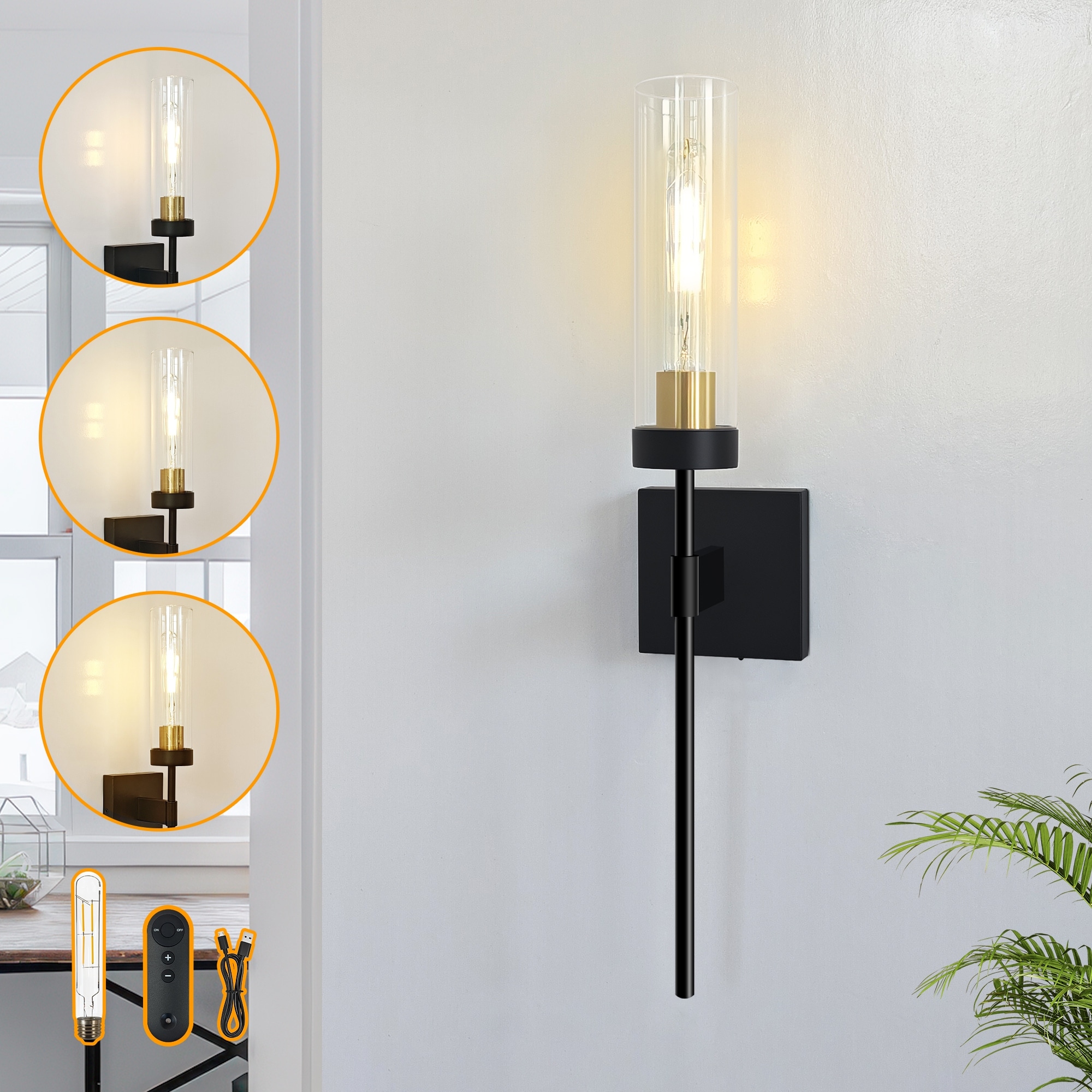 Modern Rechargeable Dimmable Wall Sconce with Remote, 4W T30 Bulb Included Indoor Wall Lamp for Bedroom, Bedside & Living Room