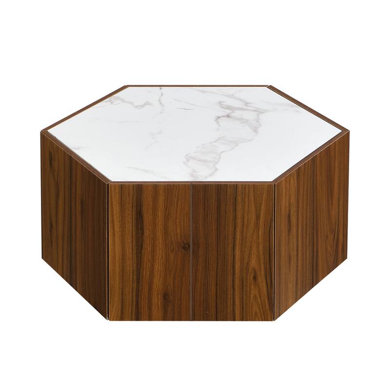Hexagonal Rustic Retro Wood Coffee Table, with 2 Hidden Drawers, Textured White Marble Tops,Walunt Oak Finish - Perfect