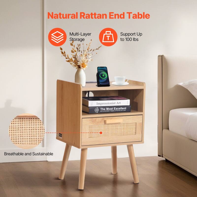 Natural Wooden Nightstand End Table with 1 Drawer and Open Shelf Suitable for Living Room or Bedroom
