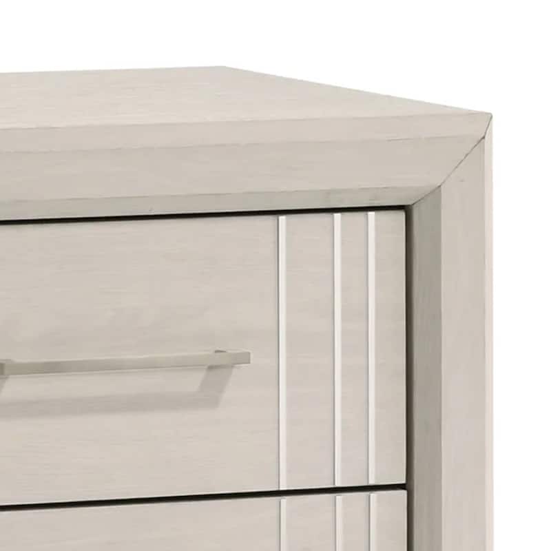Charie Nightstand with 2 Drawers, Tapered Legs, Silver Metal, White Wood