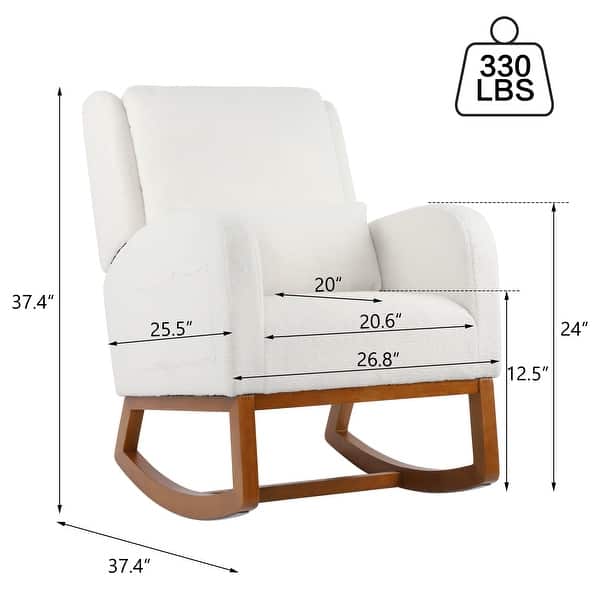 dimension image slide 3 of 4, Nursery Rocking Chair High Back Armchair with Side Pocket Rubber Wood Legs and Pillow Flannel Chair for Living Room/Bedroom