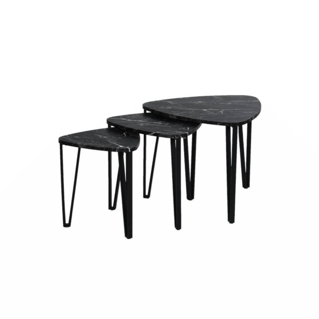 Set of 3 End Tables for Living Room, Stacking Side Tables - BLACK MARBLE