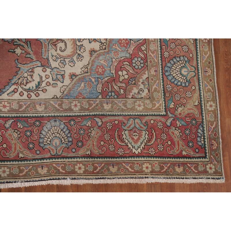Hand Knotted Oriental 100% Wool Carpet Traditional Floral Pink Tabriz Area Rug - 12' 10'' X 9' 7''