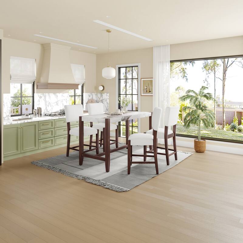5-Piece Counter Height Dining Table Set, Faux Marble Bar Table and 4 Upholstered-Seat Chairs