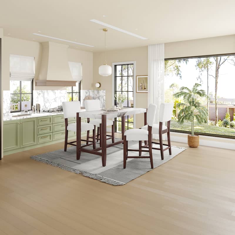 5-Piece Counter Height Dining Table Set with Faux Marble Table and 4 Upholstered-Seat Ergonomic Chairs, Anti-stain Surface