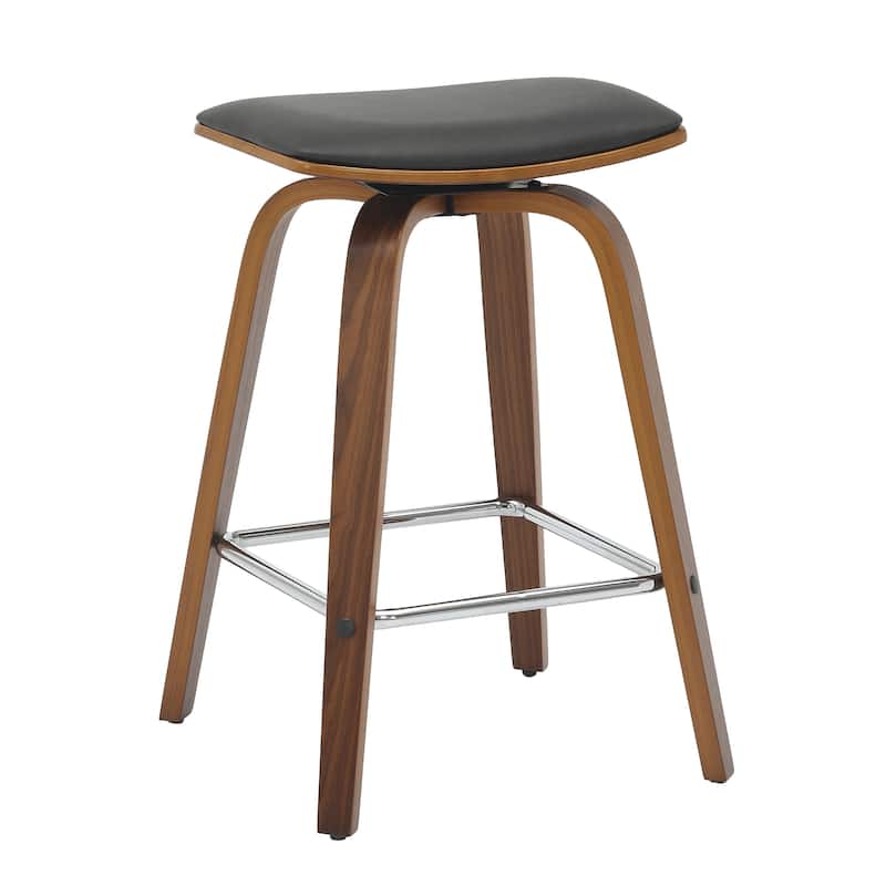 Leather Counter Stool Swivel Square Seat Poplar Wood Frame Iron Foot Rest - Walnut/Black