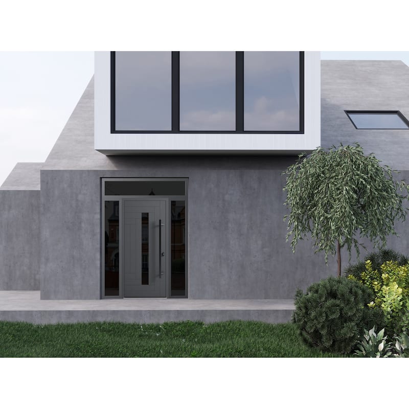Front Prehung Steel Door Ronex 1011 Grey Side and Top Window Sidelite Stainless Inserts W36+12xH80+16 Lh I