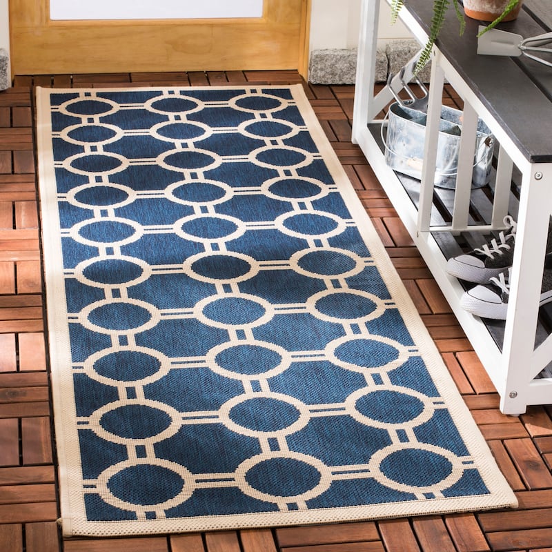 SAFAVIEH Courtyard Sweta Indoor/ Outdoor Waterproof Patio Backyard Rug - 2'3" x 10' Runner - Navy/Beige