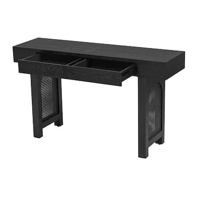 51.9" Narrow Console Table with Rattan Accent, Solid Wood Living Room Entryway Sofa Table with 2 Storage Drawers