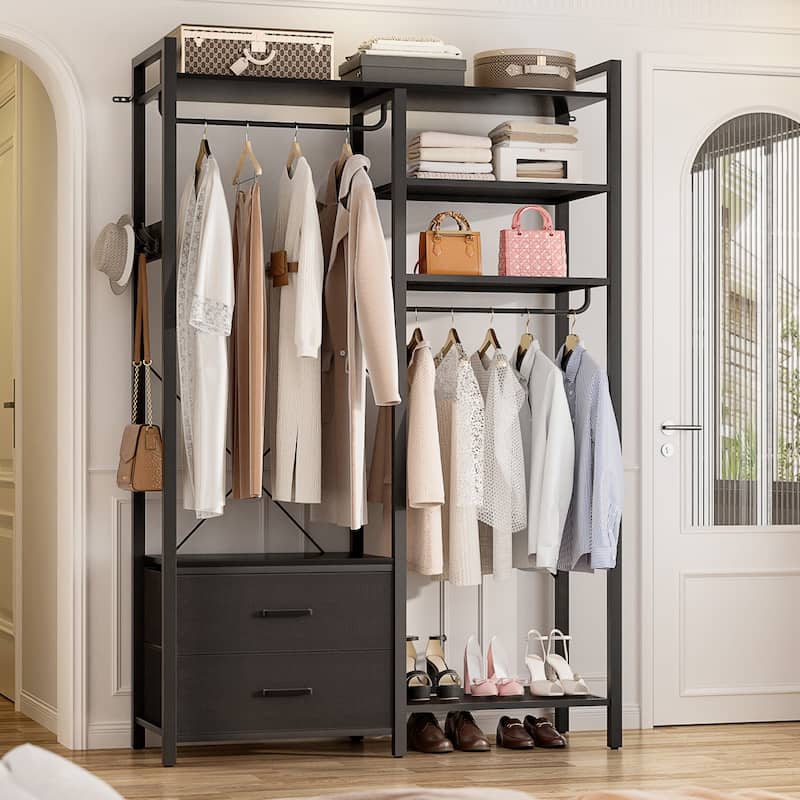 Garment Rack Heavy Duty Clothes Rack Free Standing Closet Organizer with Shelves and 2 hanging Rods - Black