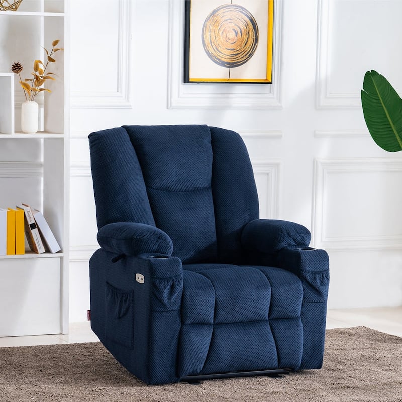 MCombo Electric Power Recliner Chair with Massage & Heat, Plush Fabric 8015 - Navy Blue