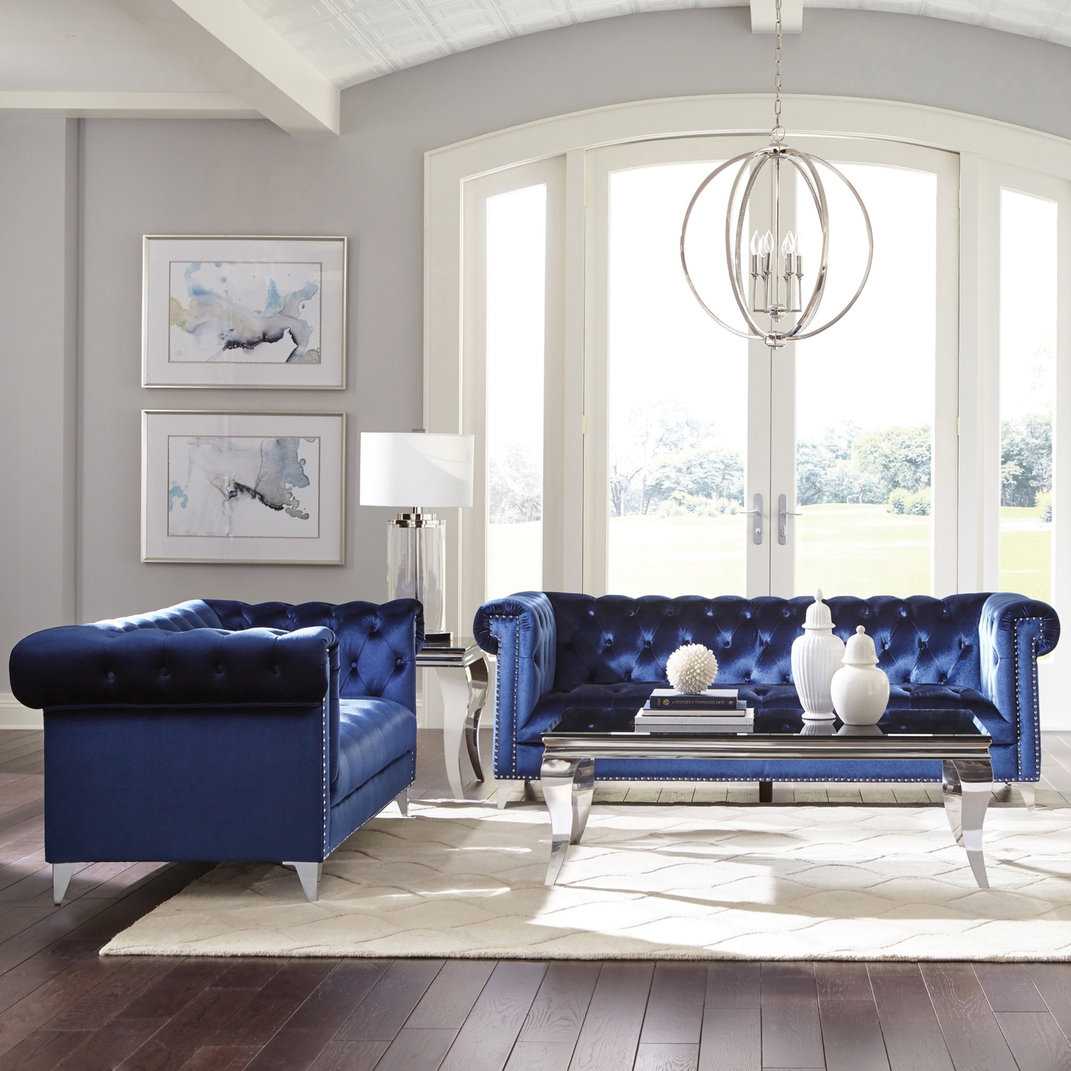 Modern Blue Velvet Tufted 2 piece Living Room Sofa Set