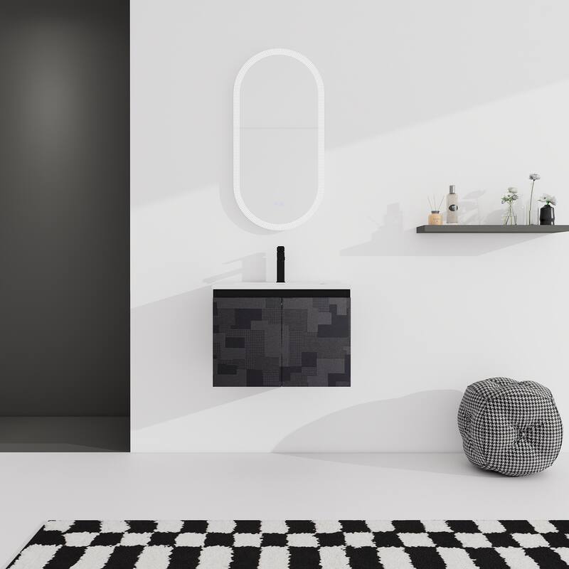 Plywood Wall Mounting Bathroom Vanity Set in Black with Integrated Ceramic Sink