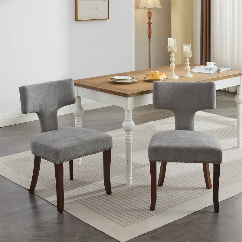 Set of 2 Linen Fabric Upholstered Curved Backrest Accent Dining Chairs