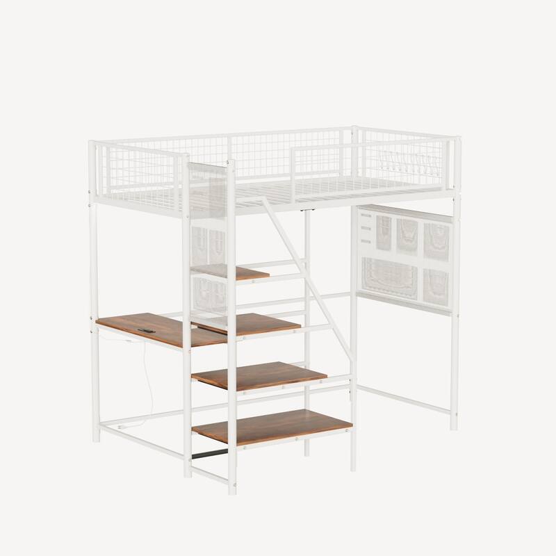 70'' Twin Metal Loft Bed with Built-in LED Lights and Charging Station