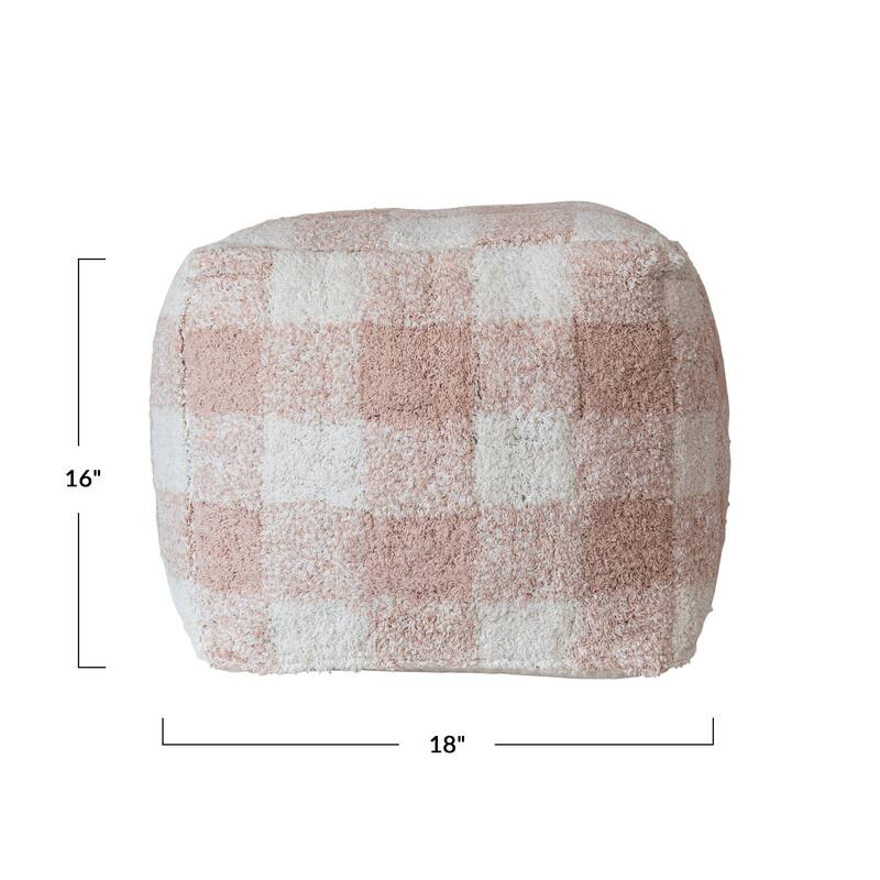 Cotton Tufted Pouf with Plaid Pattern