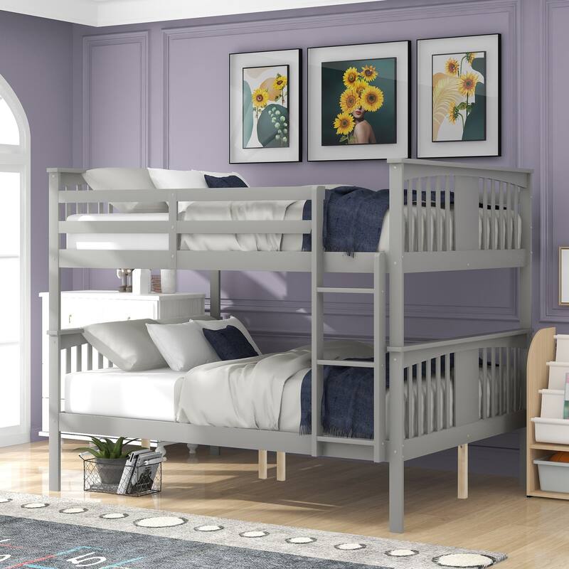 Full over Full Bunk Bed with Ladder,Gray, No Box Spring Needed, Solid Pine Wood Construction