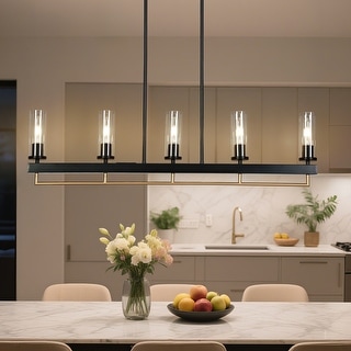 Modern Industrial 3/5-Light Chandelier Black Gold Kitchen Island Light Fixture with Clear Glass for Dining Room