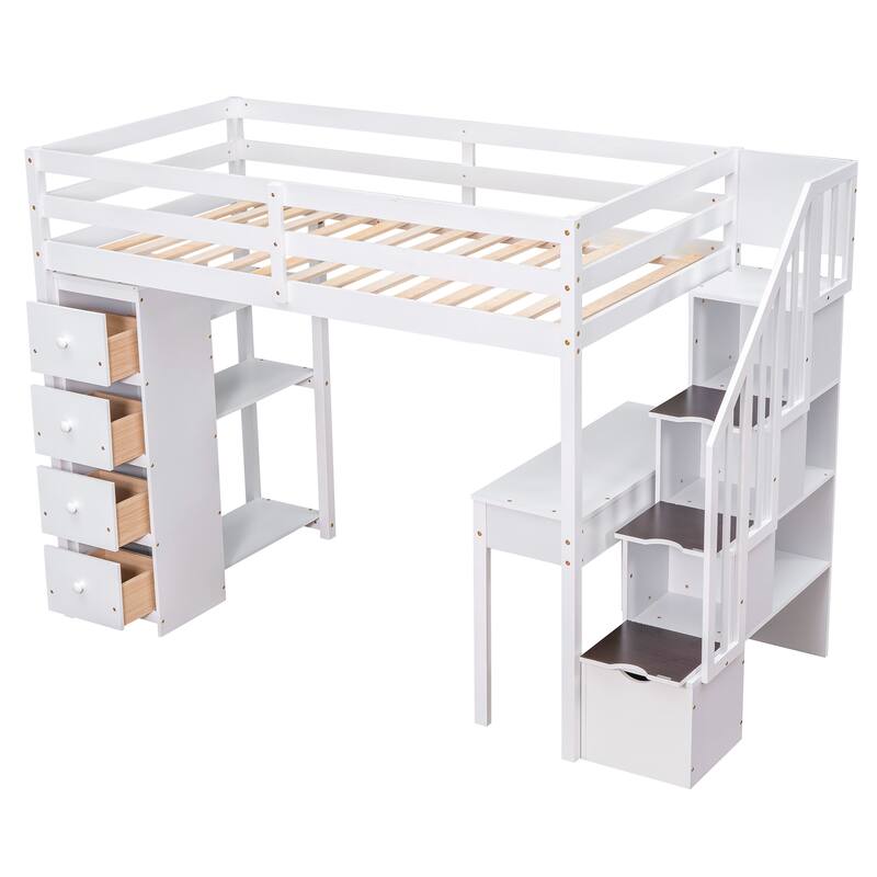 White Twin Loft Bed with Storage Drawers, Desk, Shelves and Stairs - Space Saving Wooden Design