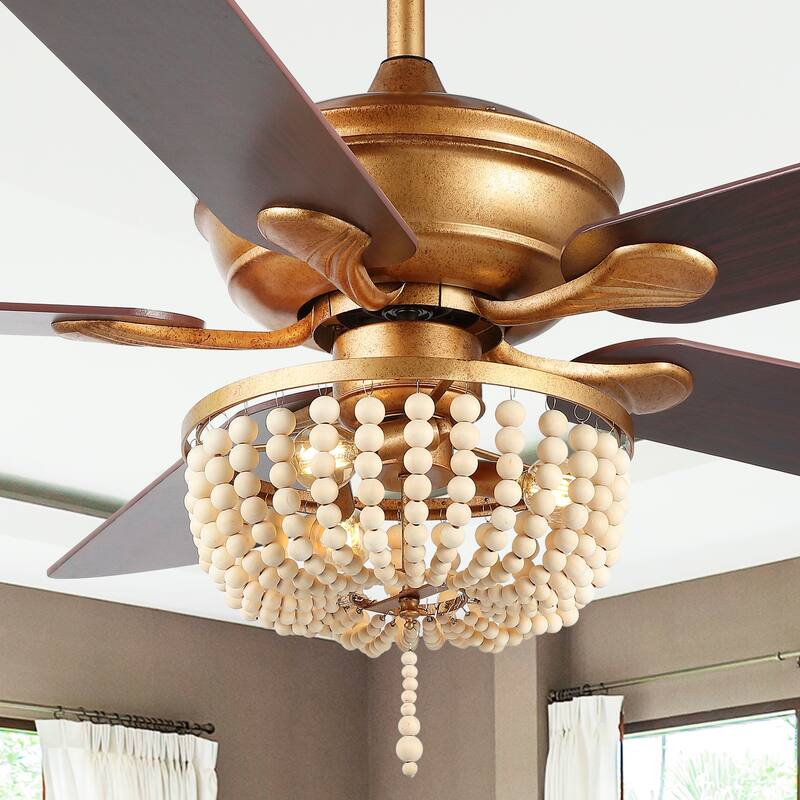 Quinn 52" 3-Light Rustic Farmhouse Iron/Wood Bead Mobile-App/Remote-Controlled LED Ceiling Fan, by JONATHAN Y