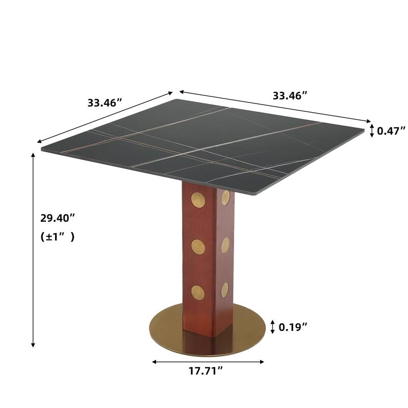 Modern Square Dining Table, 33.5" Sintered Stone Table with Wooden Leg & Gold Base, 2 - Person Kitchen Table for Small Space