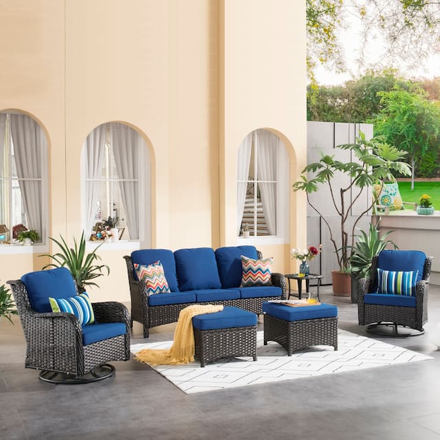 OVIOS 6-piece Rattan Wicker Patio Furniture Set Swivel Rocking Chair Set - Navy Blue