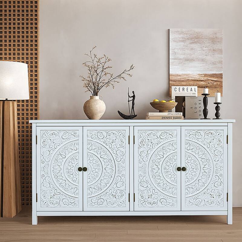 Horizontal Wooden Rectangular Sideboard with Four Carved Cabinet Doors - Antique White