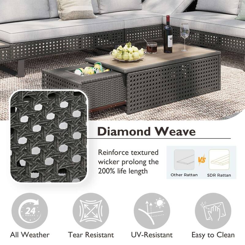 6-Person Diamond Weave Patio Sectional with Ice-Bucket Coffee Table