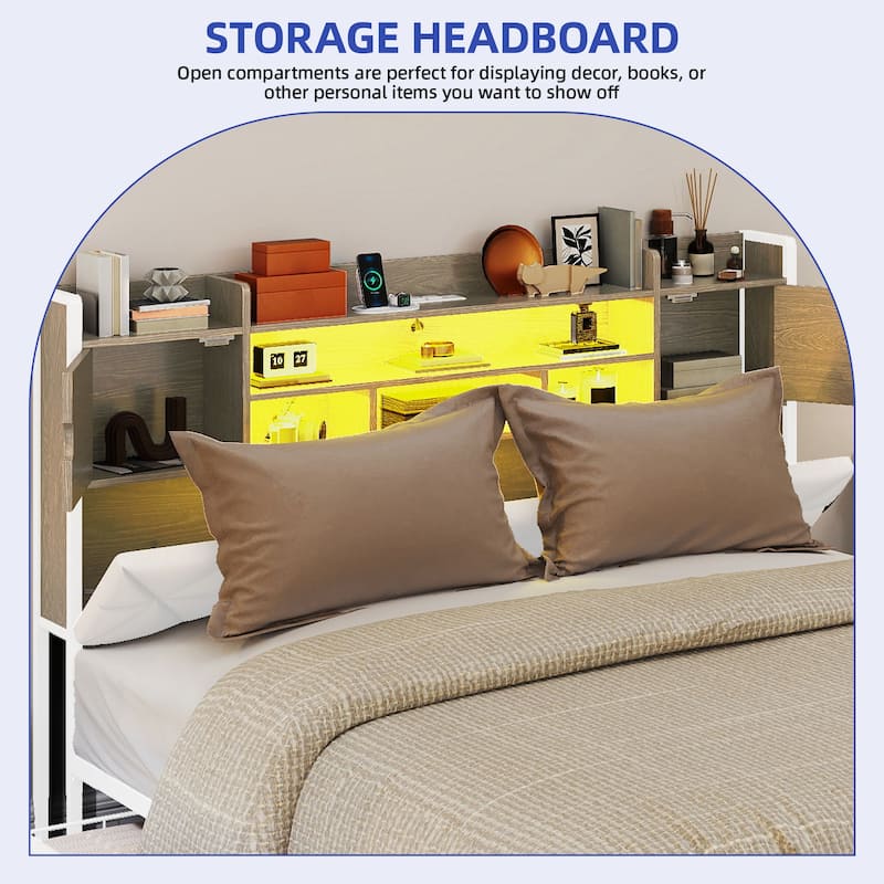 Queen/King Upholstered Bed Frame with RGB LED Lights & Storage Bookcase Headboard