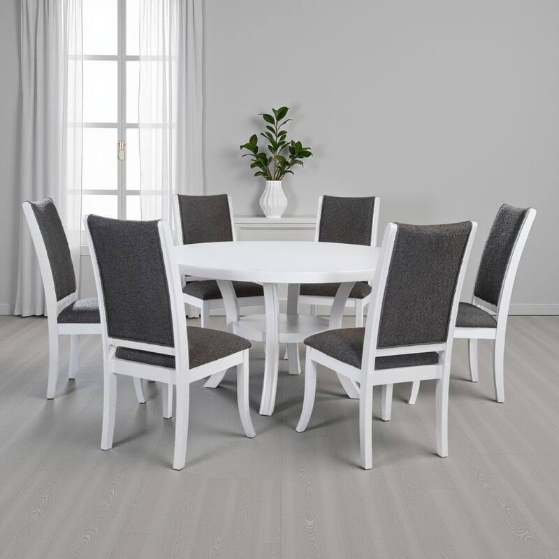 Judy 7pc Round Dining Table Set, Flared Legs, Gray Fabric, White Wood