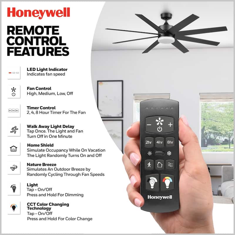 62" Honeywell Kildee Outdoor Ceiling Fan with Color Changing Light, Remote Control - 62 Inches