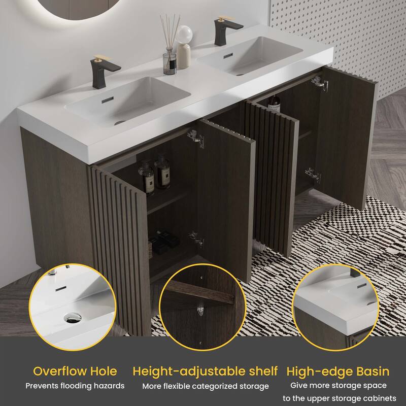 GDFStudio - Galan 60" Freestanding Bathroom Vanity with Quartz Sink, Solf Close Doors, Open Storage Shelf, NO Drain & Faucet