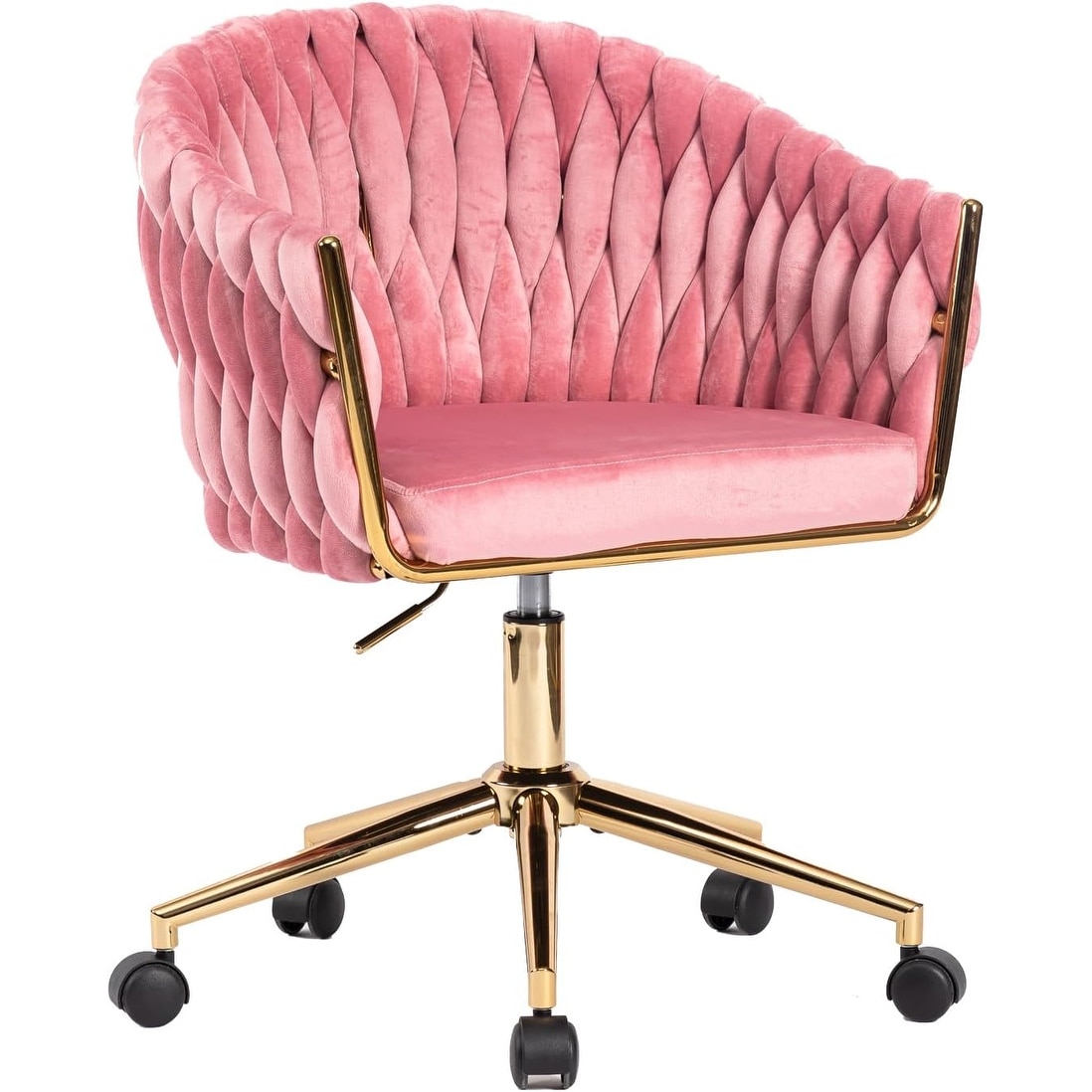 Pink Velvet Swivel Office Chair with Golden Wheels, Hand-Woven Back, Adjustable Height for Bedroom & Living Room