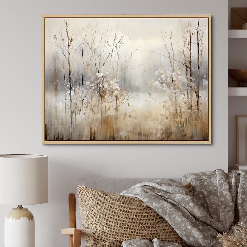 Designart "Winter Meadow View Calmness II" Meadow Grey Wall Decor - Traditional Bedroom Framed Canvas Wall Art - 32 in. wide x 24 in. high - Maple