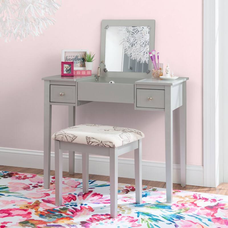 36" Silver Solid Vanity Set with Mirror and Upholstered Stool