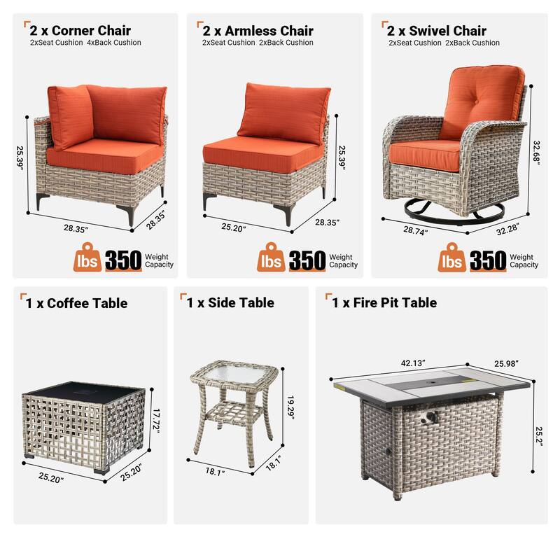OVIOS 9 Pieces Outdoor Wicker Swivel Chair Set With Fire Table