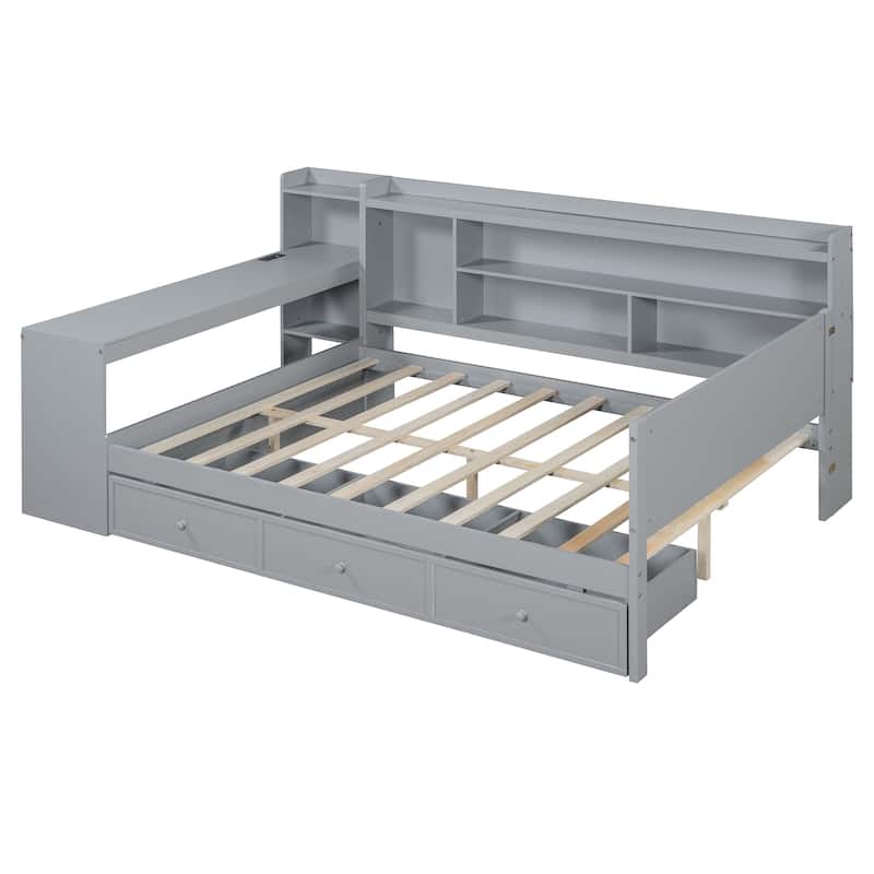Full Size Daybed with 3 Storage Drawers & Shelves Headboard, Wooden Sofa Bed Frame with USB Ports and Desk, No Box Spring Needed