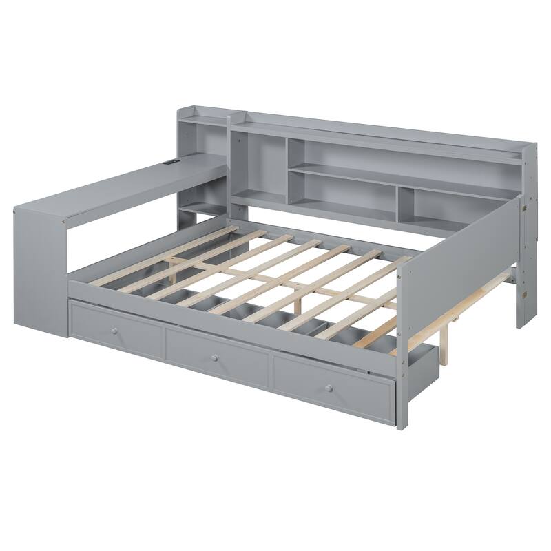 Full Size Wooden Daybed with Drawers, USB Ports, and Integrated Desk, Gray