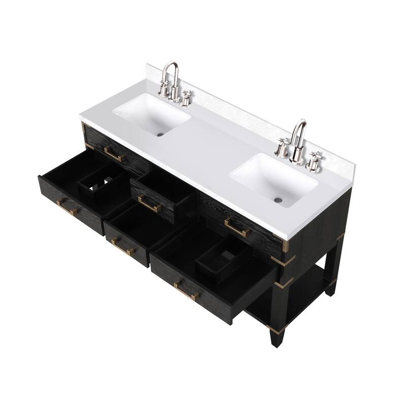 Norwalk 60 in W x 22 in D Black Oak Double Bath Vanity, Cultured Marble Top, Faucet Set, and 28 in Mirrors