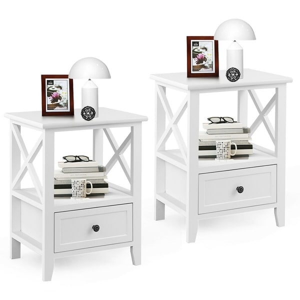 Gymax 2PCS White Nightstand End Side Table Shelf Storage Drawer Room Furniture