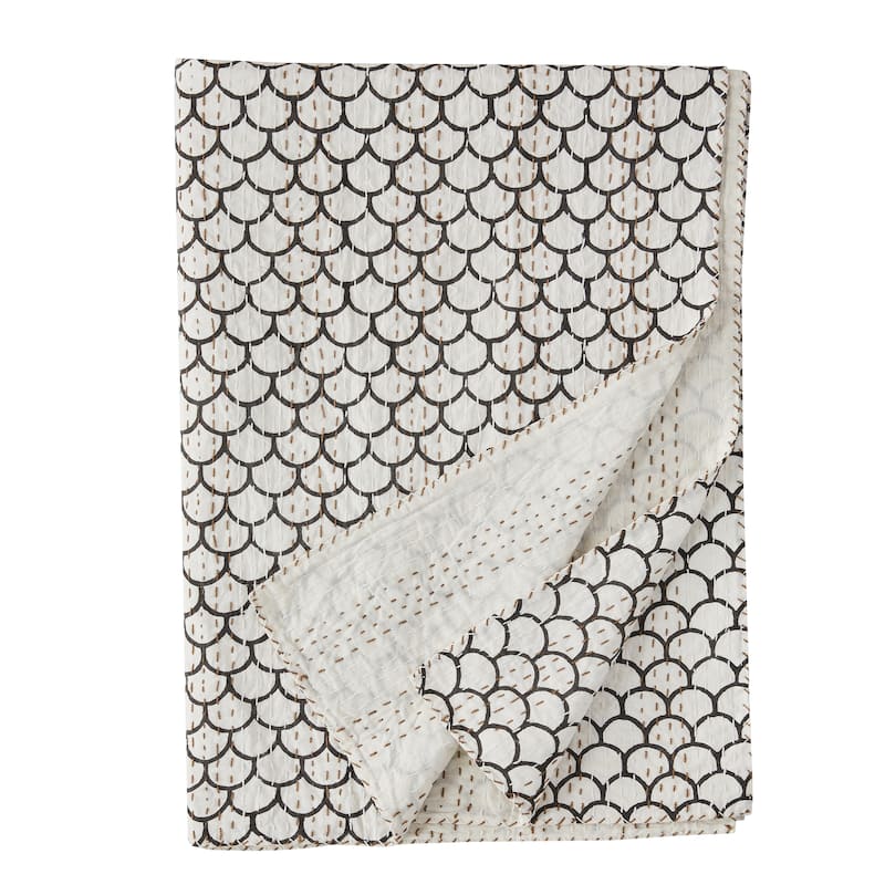 Melange Hand Stitched Kantha Block Print Coverlets and Shams - Scallop Throw - Twin - 1 Piece